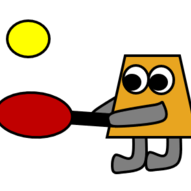Orangenes, viereckiges Männchen, das mit einem roten Tischtennisschläger und einem gelben Ball spielt.