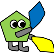 Grünes, fünfeckiges Männchen, das mit einer blauen und einer gelben Form spielt.