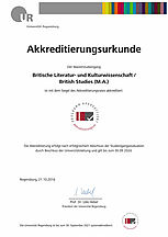 Akkreditierungsurkund Masterstudiengang Britische Literatur- und Kulturwissenschaft (M.A.)