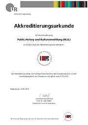 Akkreditierungsurkunde Studiengang Public History und Kulturvermittlung M.A.
