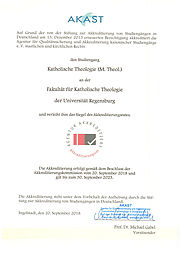 Akkreditierungsurkunde Studiengang Katholische Theologie M.Theol.