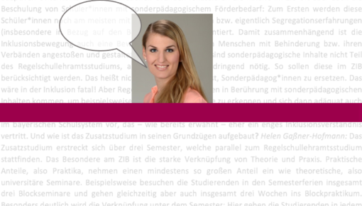 Helen Gaßner-Hofmann eine Sprachblase und der Interviewtext im Hintegrund