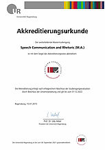 Akkreditierungsurkunde weiterbildender Masterstudiengang Speech Communication and Rhetoric (M.A.)