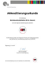 Akkreditierungsurkunde Honors-Studiengang Betriebswirtschaftslehre (M.Sc. Honors)