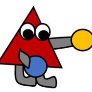 Rotes, dreieckiges Männchen, das mit einer blauen und einer orangenen Kugel spielt.