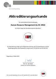 Akkreditierungsurkunde weiterbildender Masterstudiengang Human Resource Management (LL.M. HRM)