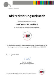 Akkreditierungsurkunde weiterbildender Mastersudiengang Legal Tech (LL.M. Legal Tech)